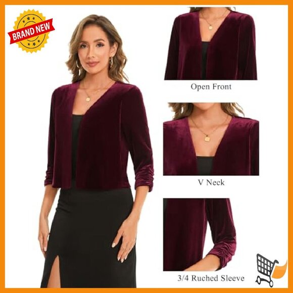 Velvet Cropped Cardigan Shrug 3/4 Sleeve Open Front Ruched Cocktail Party - Picture 7 of 8